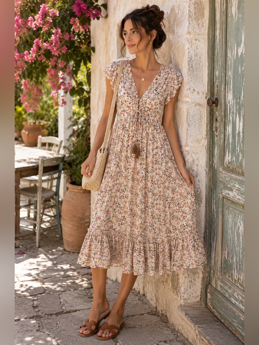 Zara Beige Floral Print Cottagcore Midi Ruffle Trim Cap Sleeve Dress Size Small
